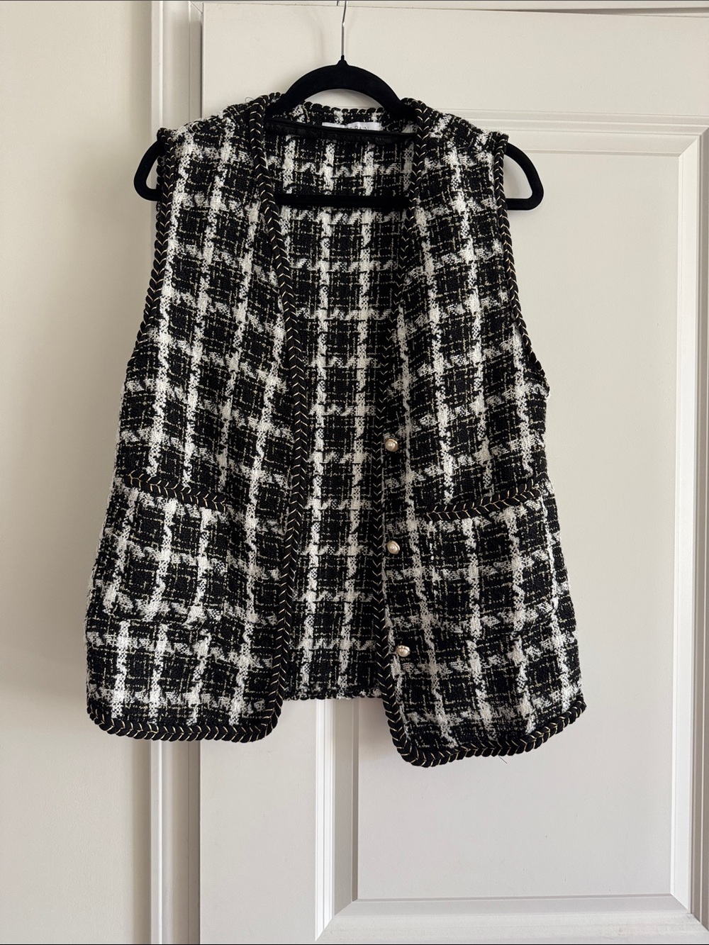 Sweet Rain Black and White Tweed Vest with Gold Accent